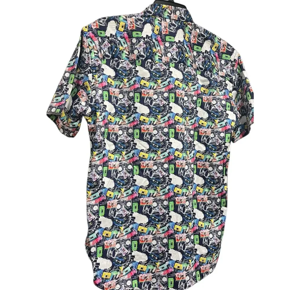 LUCHIANO VISCONTI BLACK Retro 80s Cassette Short Sleeve Shirt | Mens S Multi NWT